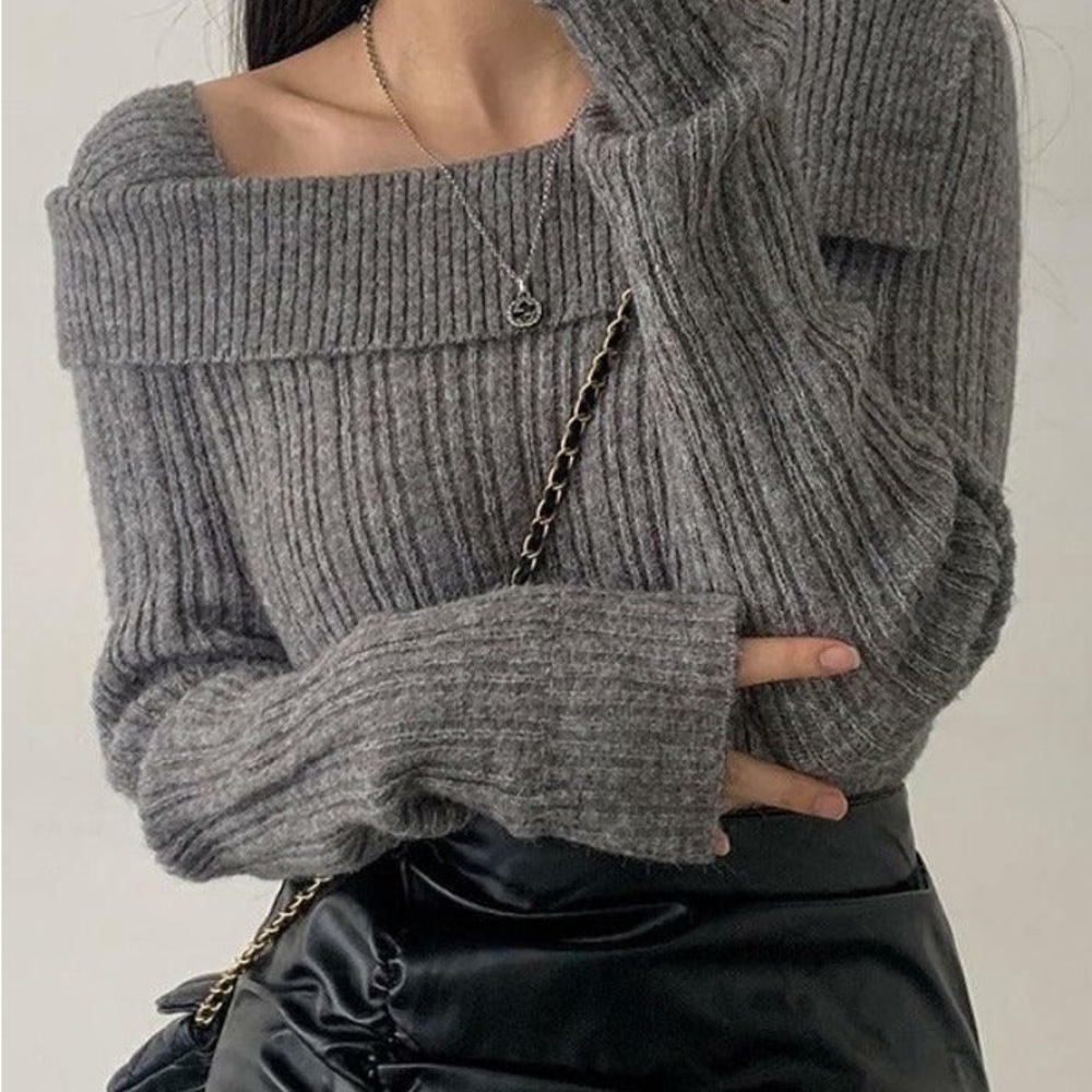 Dazy Ribbed Off Shoulder Knit Sweater Grey Fitted Minimalist Top Size S - Picture 11 of 13